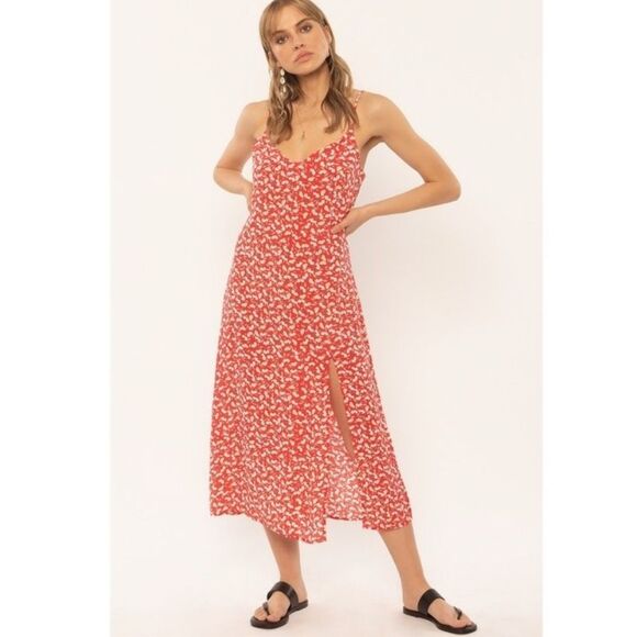 Amuse Society Dresses & Skirts - Amuse Society Mai Slip Midi Dress Size XS Red Floral Side Slit 90s Y2K Summer